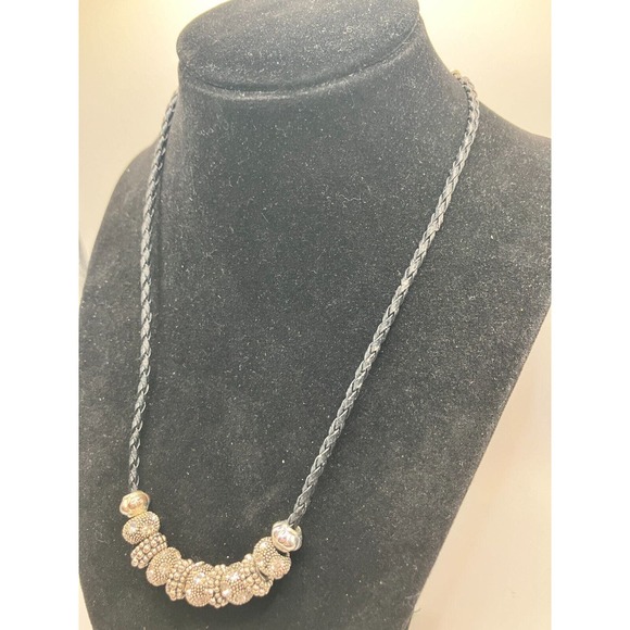 Rhinestone Encrusted Silver-Tone Beads on Braided Black Leather 21" Necklace! - Picture 2 of 6